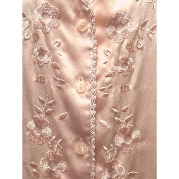 Nordstrom Intimates Size L Blush Pink Satin Embroidered Floral Lounge Top - Picture 6 of 11